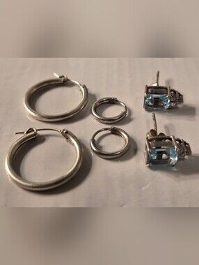 Sterling Silver Hoops and Blue Gem Stud Earring Set